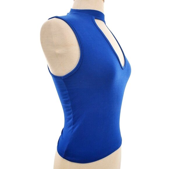 Gaze USA Shirt Sleeveless High-Neck Cut-out Keyhole Open Chest Blue Vintage y2K - Picture 4 of 8